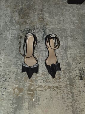 INC Elegant Black Pointed Toe Ankle-Strap Heels with Bow Accent